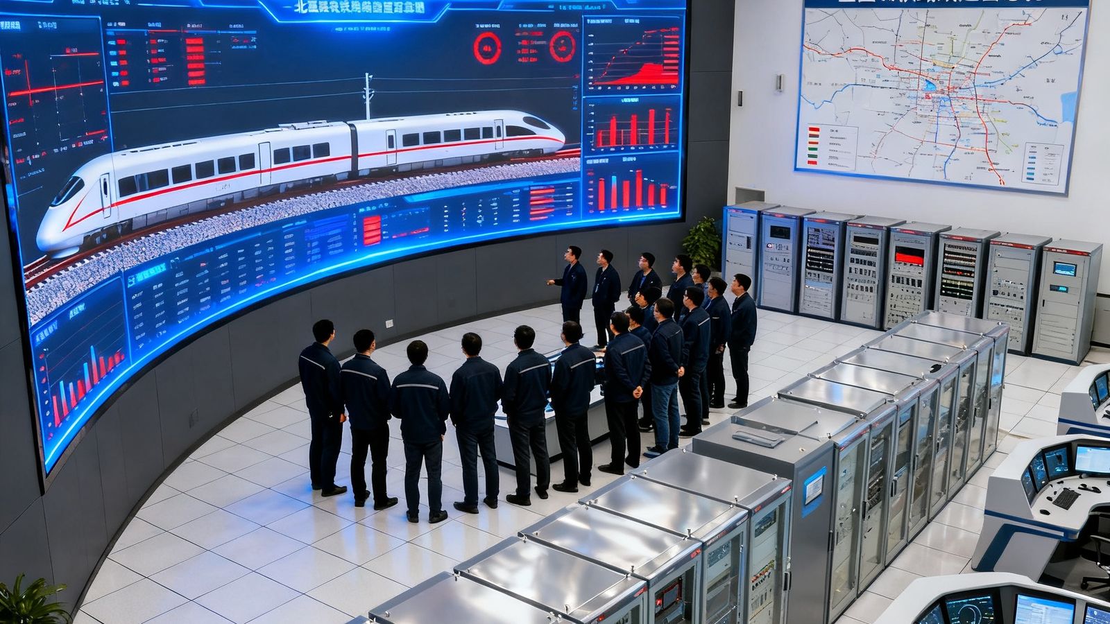 谈球吧北京研发中心开放式办公区，数十位工程师围绕巨型曲面显示屏分析铁路车辆实时数据流，墙面上悬挂着全国铁路网运营态势图，地面整齐排列着列车通信协议测试机柜与模拟驾驶台